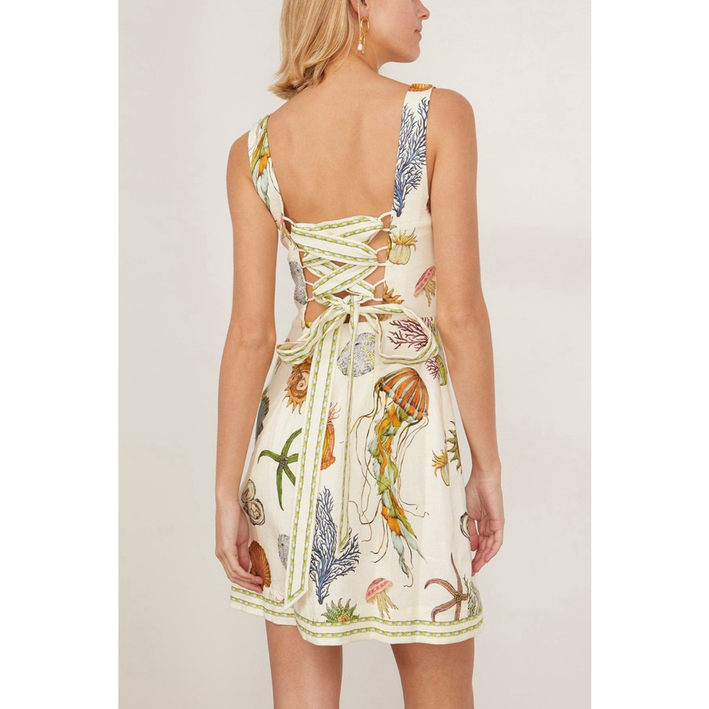 NWT ALEMAIS Sea Sleeveless Linen Mini Dress Square Tie Back Size US 2 Vacation - Picture 3 of 14